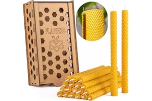 Beeswax Candle Set Taper FLAPINKO Handmade, 20 pcs Slighlty Narrow | 100% Pure, Organic,Natural, Cotton Wick|Honeycomb Texture|Real Bees Wax Candles Gift Set with Wooden Box|Premium,Dinner,Bistro