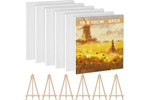 BUT THE COW 6 PzTela per Dipingere, Tele per Dipingere 100% Cotone, Arte Tele da DipingereTavola Tela Bianca 15 x 15 cm Piccolo Pittura su Tela per Colori Olio ed Acrilico + 6 Mini Cavalletto in Legno(11x19cm)