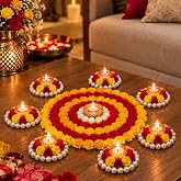 Webelkart Premium Pack of 9 Diwali Decoration Flower Rangoli Diwali Rangoli with Diya Set, Tea Light Candle Holder Floor Rang