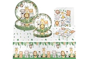 YUNHENTONG Piatti Compleanno Tema Giungla, 41 Pezzi Stoviglie per Feste - 10 Piatti 7'', 10 Piatti 9'', 20 Tovaglioli, 1 Tovaglia, per Bambini Feste di Compleanno a Tema Decorazioni