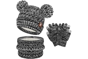 ZASFOU Enfant Fille Garçon Hiver Chapeau Bonnet Echarpe Écran Tactile Gants Ensemble 2 3 4 5 6 7 Ans Tricot Pom Bonnets Polaire Casquette Cache Cou Gant Cadeaux Filles Garçons
