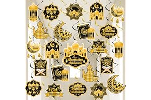 LECONCES Ramadan Mubarak Eid Decorations, 27 Pieces Ramadan Mubarak Hanging Swirl Decoration Black Gold Star Moon Lantern Ceiling Decor Eid Mubarak Hanging Decoration for Eid Holiday Decorations Supplies