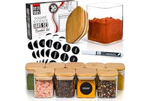 Deco haus® Juego de 20 tarros de especias rectangulares con etiquetas para especias, juego de tarros de especias con tapa de madera, para guardar especias, recipiente para especias