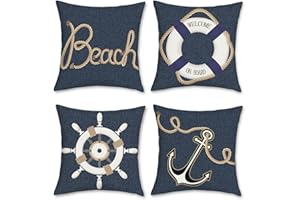 Bonhause Zestaw 4 poszewek na poduszki, z motywem morskiej kotwicy, 45 x 45 cm, dwustronne, tekstura denimu, poliester, len, niebieskie, dekoracyjne, na sofę, do sypialni, salonu, dekoracja domu