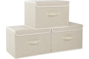 ENUMAIL Fabric Storage Boxes, Cube Baskets with Flip-Top Lid and Handles, Bins for Organizing Home, Office and Closet, Grey and Beige, 3 Pack, 38x25x25cm