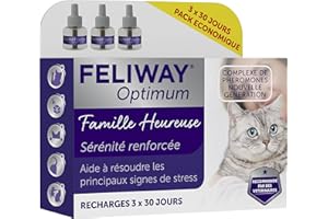 FELIWAY Optimum 3X 30 Jours - Pack Economique - 3 Recharges pour Diffuseur de Phéromones Apaisantes pour Chats (3X 48ml) - Aide à Réduire Les Signes de Stress chez Les Chats et Les Chatons