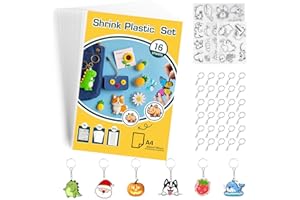 SZEBISOA 46 Teile Schrumpffolie Set Schlüsselanhänger (12 schrumpffolie a4, 2 A4 und 2 A5 Bögen Schrumpffolie mit Motiven, 30 Schlüsselringe) Shrink Plastic Bastelset für kreative Projekte.