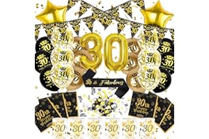 30 Geburtstag Deko Männer Frauen, 30th Happy Birthday Decoration Luftballon Schwarz Gold Banner Konfetti Schärpe Laternen Servietten Windlicht Tischdeko, Cadeau 30 Frau Mann (Set 30. Geburtstag Deko)