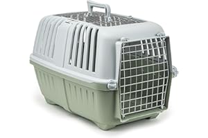 lionto Hundetransportbox aus Kunststoff mit Metallgitter, 58,5x35,5x40 cm, Transportbox mit praktischem Schließsystem & Tragegriff, auch geeignet für Katzen & Kleintiere, für Haustiere bis 15kg, grün