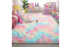 Regnbågsfärgade fluffiga mattor för flicksovrum, 4 x 6 matta, enhörningsrumsdekor, pastellmatta för barn, lurvig matta för barnkammare, mjuk lekmatta för baby, luddig matta för vardagsrum, plysch