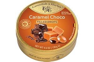 ‎CAVENDISH & HARVEY Cavendish & Harvey Caramel Drops gefüllt mit Schokolade 130g Dose | Special Edition | Karamellbonbons mit belgischer Schokolade gefüllt | Halal, Koscher | 1 x 130g