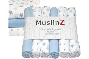 MuslinZ Muslin Cloths for Baby - Baby Burp Cloths - 6 Pack Muslin Squares - Large 70x70cm - Pure Cotton - Soft, Absorbent & Breathable - Multi Use Newborn Cloths - UK Brand (Blue Star)