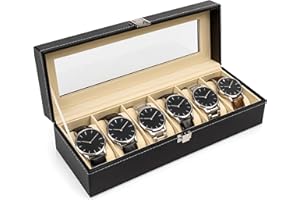 Generico Porta Orologi Uomo 6 Posti – Elegante in Ecopelle con Interno in Velluto – Coperchio Trasparente Antigraffio – Design Rinforzato – Colore Nero – Scatola Organizer per Uomo e Donna