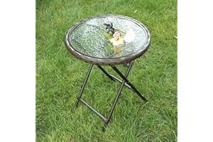 PHIVILLA Garden Patio Outdoor Side Table Small Round Foldable Rattan Coffee Table with Tempered Glass Table Top and High-Strength Thickened Iron Pipe Bracket for Camping Balcony Bistro