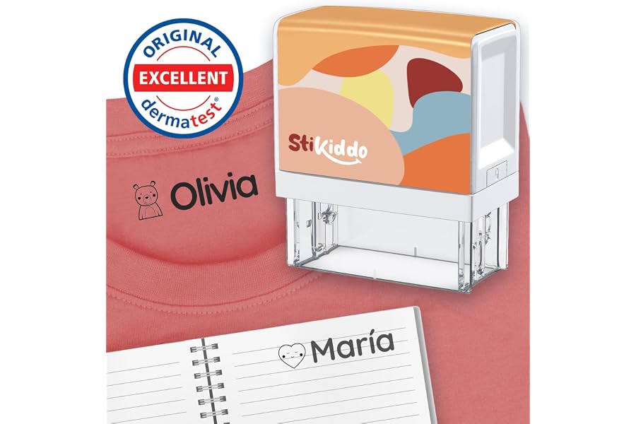 StiKiddo® Sello Ropa Niños Personalizado - Para Tejidos, Objetos y Papel - Marcador Ropa Niños resistente al Lavado, Ide