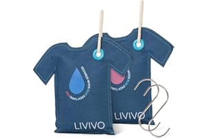 LIVIVO T-Shirt Shaped Hanging Dehumidifier Bags 200g – 2 Pack Reusable Silica Gel Moisture Absorbers with Colour Indicator - Damp Remover for Wardrobe, Home, Cupboards, Car & Caravan