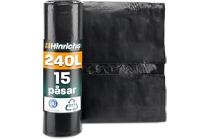 Hinrichs soppåsar 240 l extra starka – 15 rulle – 100 x 125 cm – extremt slitstarka soppåsar – soppåsar av återvunnen LDPE – svarta påsar – papperspåsar för trädgård, hushåll och byggplats
