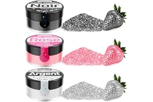 SIGWONG Paillettes Alimentaires Comestibles, 3x4g Colorant Alimentaire Poudre Cocktail Boissons Pour Decoration Gateau, Liqueur, Vin, Champagne, Halloween-Argent, Noir, Rose
