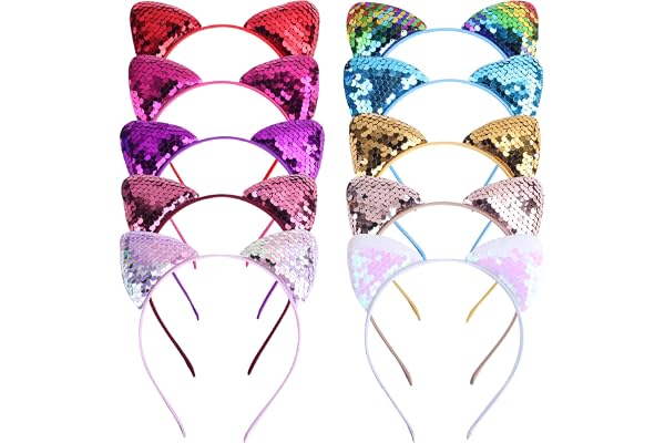 EUDUQ Lot de 10 serre-têtes avec oreilles de chat à paillettes - En métal - Pour fille - Pour fête d'anniversaire, cosplay