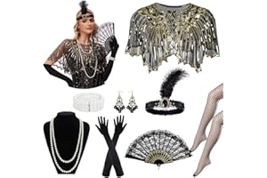 Sekepingo 1920s Accessories for Women Great Gatsby Flapper Shawl with Sequins 8 Pieces Accessories Set Peaky Blinders Costume with Headband Gloves Necklace Earrings Lace Fan for Party
