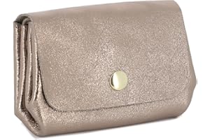 DOUBLE TREE Petit Porte-Monnaie Cartes Cuir Véritable Irisé pour Femme - Mini Portefeuille Brillant à Magnétique 3 Compartiments - Chic Élégant - Taupe