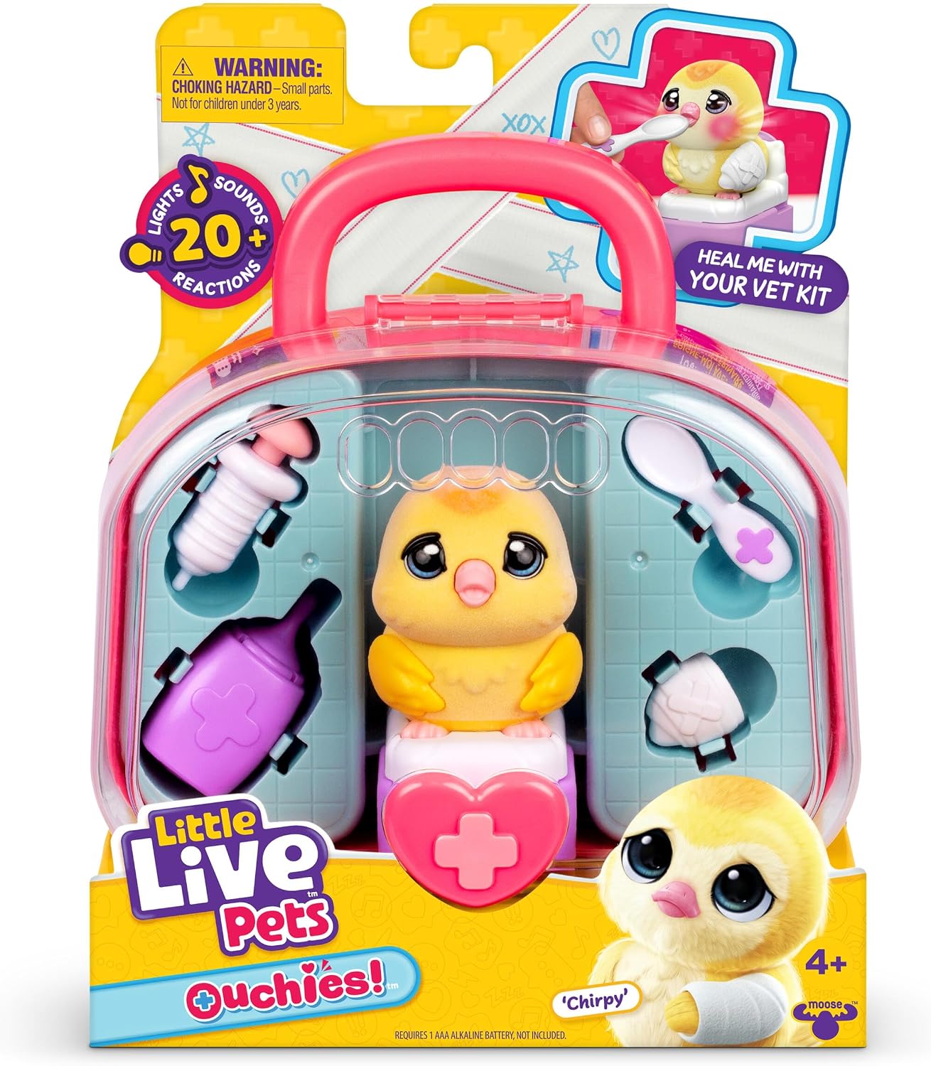 Little Live Pets Kit Veterinario de los Ouchies, Pollito Chirpy; Juguete Interactivo, mejillas Luminosas; 16,7 cm, Accesorios; atiende y Cura como un Veterinario; +20 Sonidos, Luces y reacciones