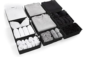 Eco Home Store Drawer Organizer Divider for Clothes, Underwear, Socks, Bras & Accessories – Foldable Cotton Storage Boxes for Bedroom, Wardrobe & Desk – 12 Pack – Black