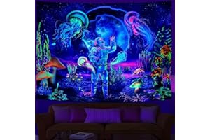 Ulticool – Astronauten Qualle - Glow in the Dark Wandteppich - Schwarzlicht under UV Reaktive Bright Black Neon Light - Blacklight Psychedelisch im Dunkeln Leuchtende Wandtuch - 200 x 150 cm