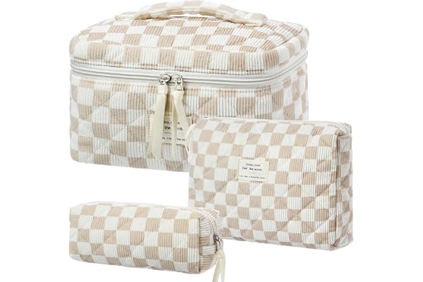 BuyCard Lot de 3 Trousses de Toilette pour Femme avec Motif Floral - Trousse de Toilette matelassée - Portable - pour Les Voyages et la Vie Quotidienne (3, Chèque Kaki)