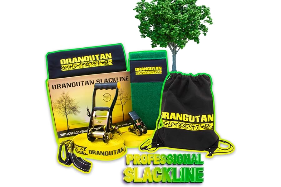 Orangutan Slackline Sport & Fitness Kit with Tree Protectors and Training Line 15m - 50mm - Sport Fitness Rope - Garden Play - Premium Beginner/Advanced Set Perfect For Home and Outdoor Fun