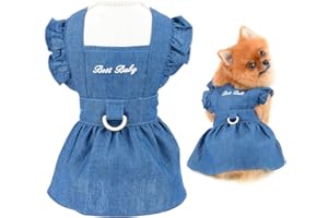 SMALLLEE_LUCKY_STORE Dog Denim Harness Dress Ruffles Puppy Princess Dress for Small Medium Dogs Cats Pet Denim Skirt with D Ring Female Dog Clothes Dark Blue S