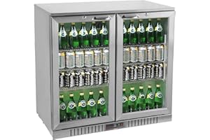 METRO Professional GBC3002S Glastür-Kühlschrank, Edelstahl/Aluminium/Hartglas, 6 verstellbare Einlegeböden, automatische Abtauung, 198 L, LED Beleuchtung, silber, EEK: D