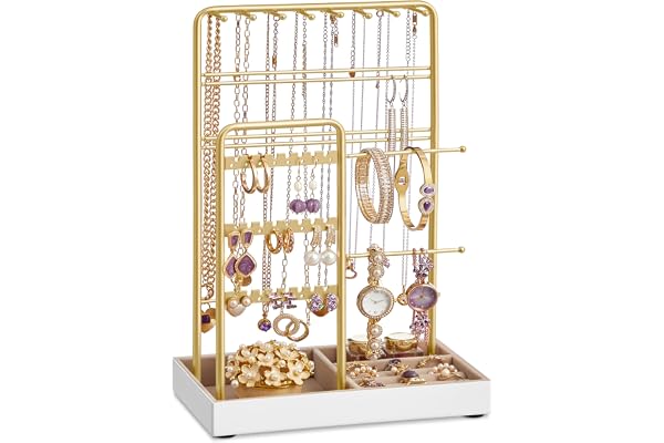 SONGMICS Porte-bijoux, Support à Bijoux, Organisateur de Bijoux, Présentoir Accessoires, en Métal, Plateau en Velours, pour Colliers, Bracelets, Boucles d’Oreilles, Bagues, Doré JJS021A01