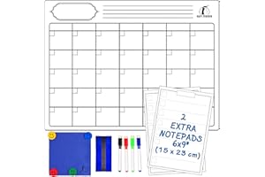 NAVY PENGUIN Pack Calendrier Magnétique – Grand Calendrier Tableau Blanc 43x33cm + 2 Liste de Courses 15x23cm + 1 Effaceur, 1 Chiffon, 4 Feutres Effaçables, 4 Aimants – Agenda pour Frigo