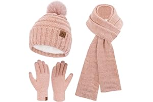 Bequemer Laden Femmes Hiver Bonnets Écharpe Gants Ensemble, Doublure Polaire Chaud Bonnet Pompon Longues Echarpes Gants Tactile Cadeau Femme Temps Froid