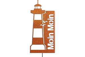 JYUECIAN Edelrost Leuchtturm Gartenstecker Rost Deko, wetterfest Leuchtturm Garten Teich deko, Moin Moin Schild gartendeko rost für draußen