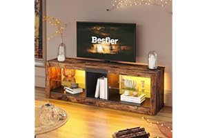Bestier TV Stand Cabinet 140CM Entertainment Center Led Tv Stand Modern TV Unit with Glass Shelf RGB LED Lighted for 55 inch TVs with Ambient Lights for Living Room Bedroom (Rustic Brown)