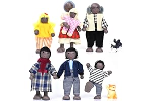 Jzszera Dolls House People of 7 Wooden Figure Set and 2 Pets, Cute little family Set for Dolls House Accessories