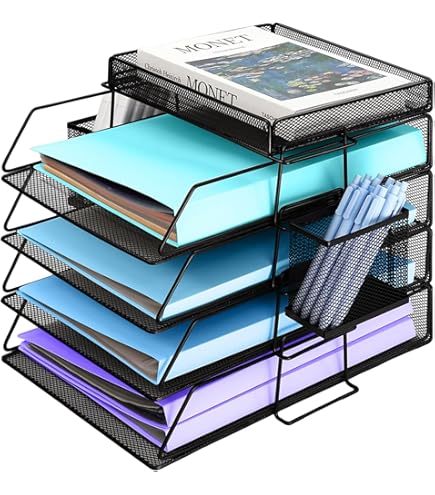 Porta Documenti Da Scrivania Organizer Da Scrivania 3 Vassoi E 2 Sezioni Verticali - Rete Acciaio Nero, 31x29x24 Cm Accessori Scrivania