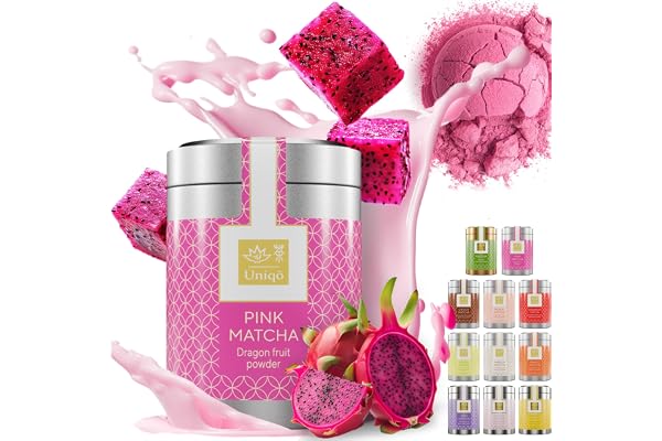 Tea Uniqo – Pink Matcha Tepulver – Perfekt för dricka, glass, latte, shakes, bakning eller matlagning – drakfruktpulver, 100 % naturlig, burk – supermat från pitaya-pulver
