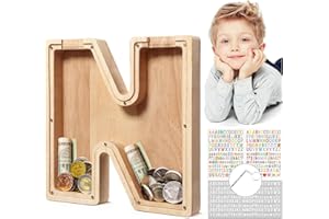 MoneRffi Personalized Letters Wooden Piggy Bank, A-Z Letters Coin Bank Money Box with Clear Alphabet Stickers, Money Saving Bank For Family Christmas Home DIY Decoration Birthday Gift N