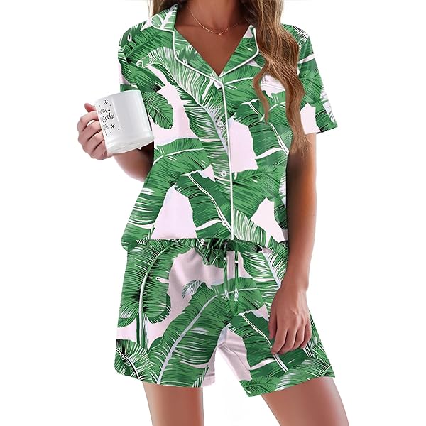 LUBOT Women's 100% Cotton Pajama Set - Button-Down Top & Shorts Sleepwear, Printed Leaves Design (Size XL) - View #4