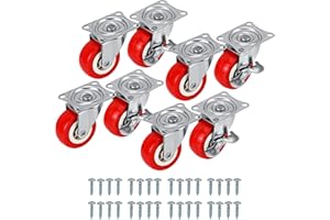 Kurtzy Pack de 8 Ruedas Giratorias Rojas - 50 mm Ruedas de Goma con Tornillos, Placa de Metal y Frenos - Set Rueda Giratoria Mover Muebles, Carritos y Mesas