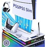 ALEEMTRY PS5 Ständer mit LED Licht für PS5 Slim, PS5 Standfuß mit 3-Stufig Lüfter/PS5 Controller Ladestation/Kopfhörerhaken/4