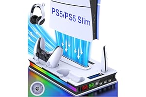 ALEEMTRY Base PS5 con Luce a LED Slim, Supporto con Ventola a 3 Velocità/Caricatore Joystick PS5/Gancio per Cuffie/4 Prese USB C