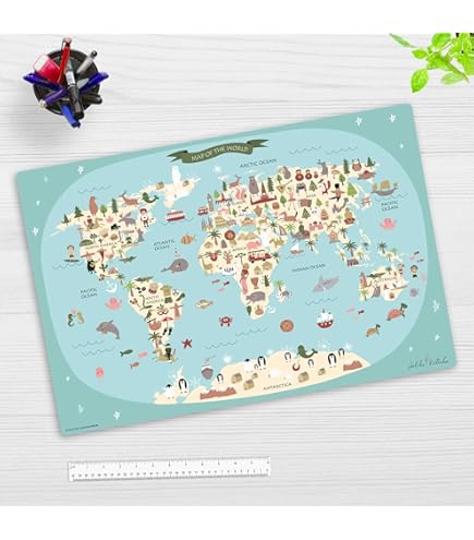 Sous-main effaçable pour enfant - Carte du monde rose avec animaux en allemand - 60x40cm - en vinyle de haute qualité