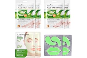 HENJUNU Maschera Piedi Esfoliante,Guanti Idratanti Mani,Maschera Viso in Tessuto,Patch Occhi,Lip Mask,Kit per la Cura della Pelle Aloe Vera,Calzini Idratanti per Piedi,Nutriente con Aloe Vera