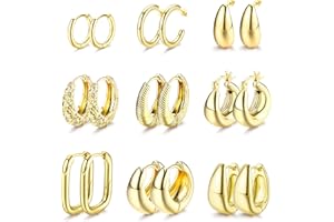 JeweBella Zestaw 9 par złotych kolczyków kreolskich dla kobiet i dziewcząt, pozłacane 14-karatowym złotem, hipoalergiczne kolczyki kreole, złote, kreolki, kolczyki kreolskie, biżuteria