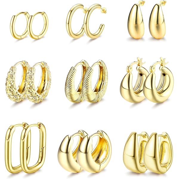 Set 13 Paia Orecchini Donna Huggie E Borchie - Acciaio Inossidabile 316L, Placcato Oro 14K, Anallergici Per Multi Piercing