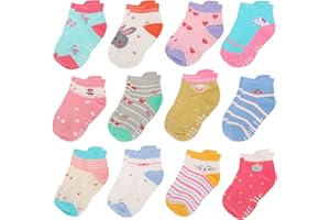 Yafane 12 Pares de Calcetines Antideslizantes para Niños Niñas Recien Nacido Unisex Pequeños Algodón Lindo con Puños Calcetines Antideslizantes para Bebés
